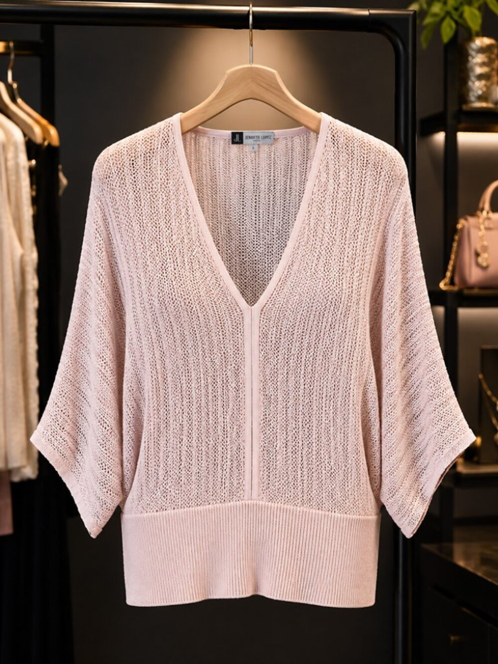 Jennifer Lopez Pink Metallic Open Knit V-Neck Dolman Sleeve Sweater Top